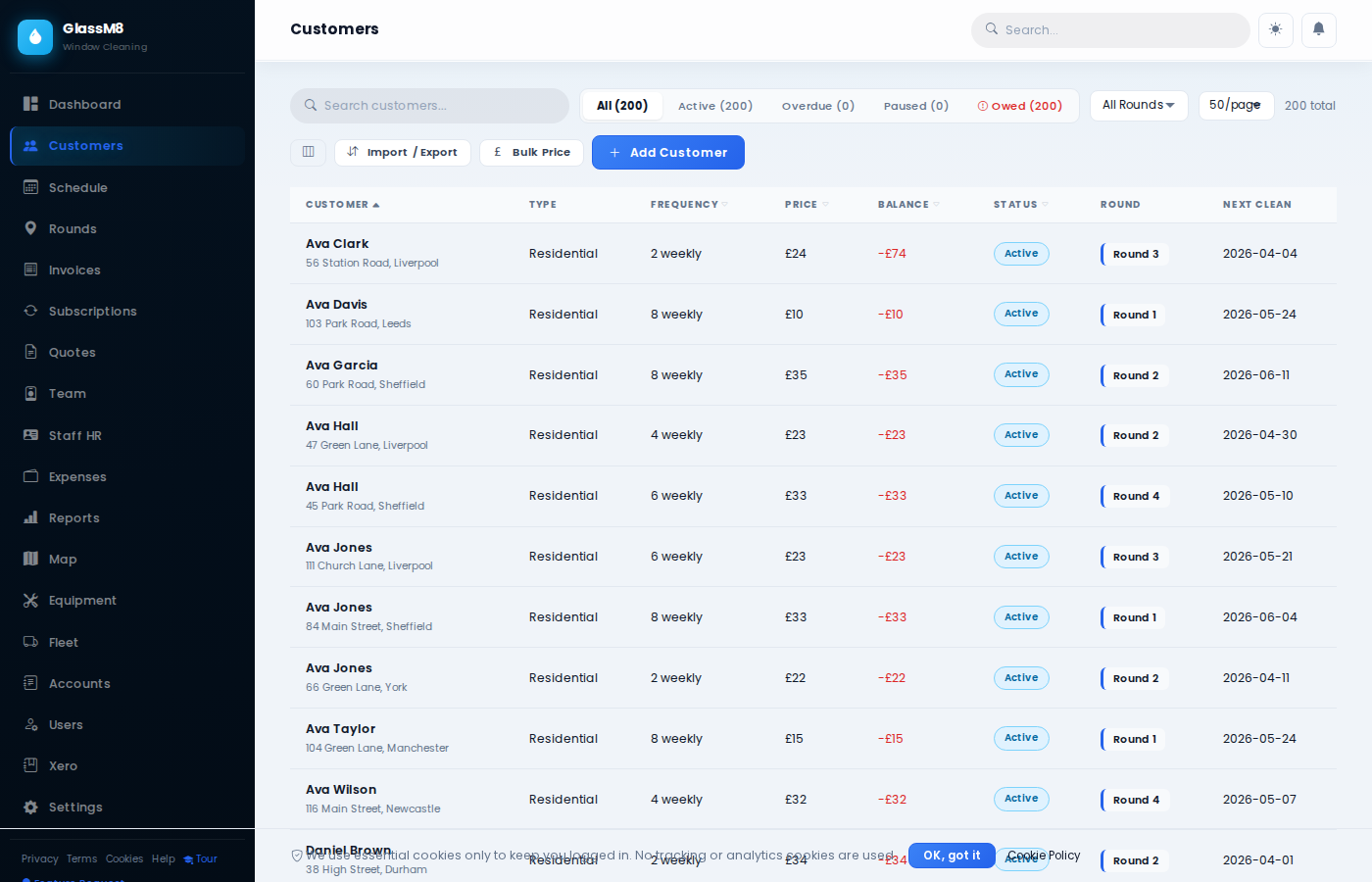 GlassM8 Customers — full CRM with balances, GPS, and job history