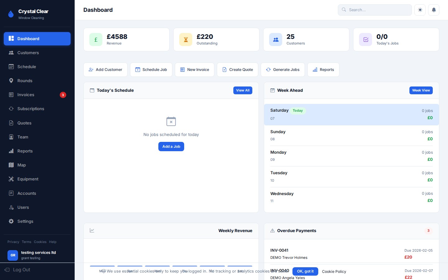 GlassM8 Dashboard — overview of jobs, revenue, and team activity