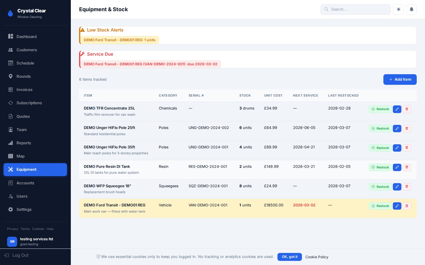 GlassM8 Equipment — asset tracking and service reminders