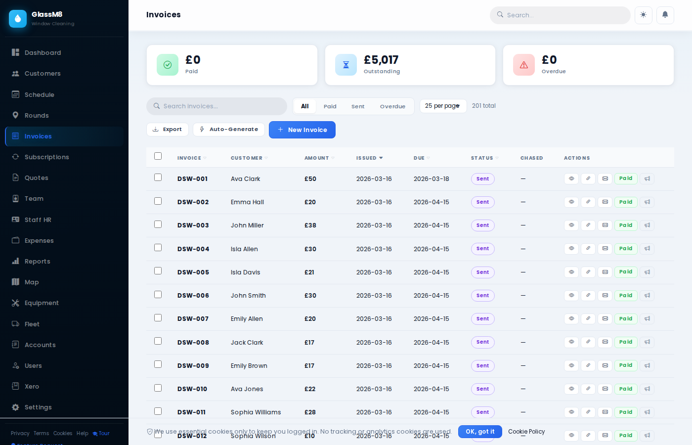 GlassM8 Invoices — one-click invoicing with Xero sync and payment tracking