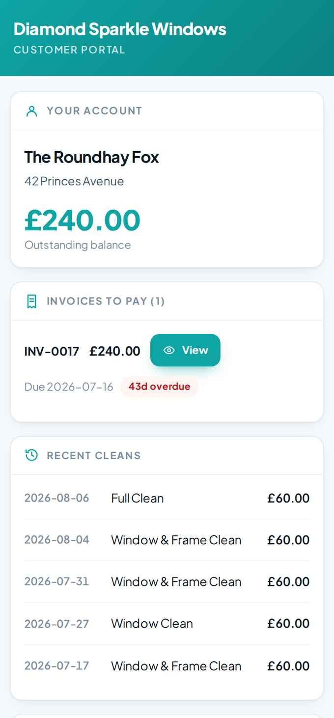 The GlassM8 customer portal on a phone, showing the customer's outstanding balance, the invoice still to pay and their recent cleans