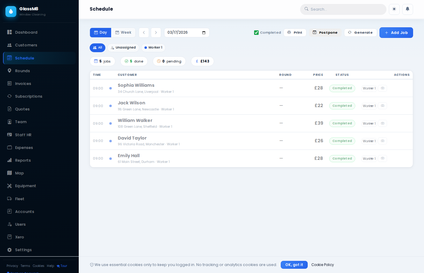 GlassM8 Schedule — weekly job calendar and round view