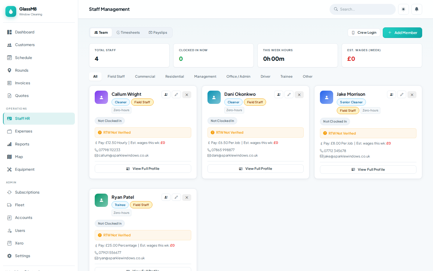GlassM8 staff management showing four crew members with roles, pay rates and clock-in status